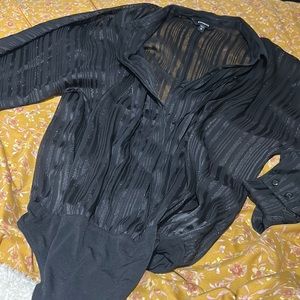 EXPRESS BLACK SHEER BUTTON DOWN BODYSUIT PUFF SLEEVES